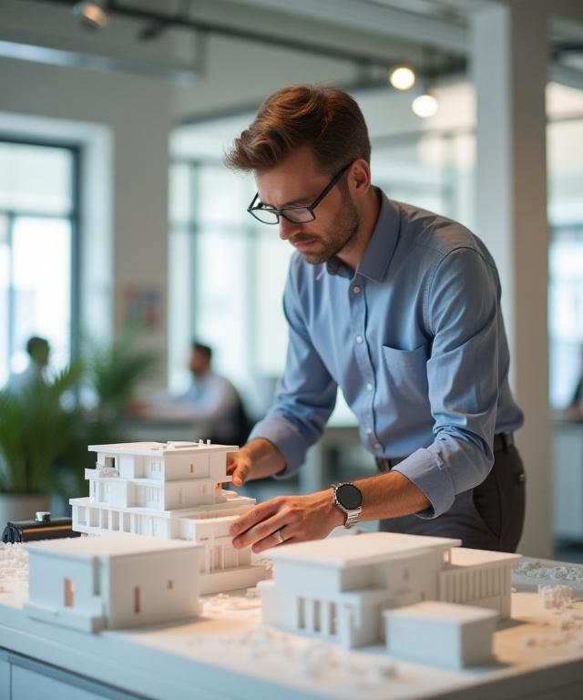 Chefarchitekt arbeitet an einem Modell im Zürcher Büro